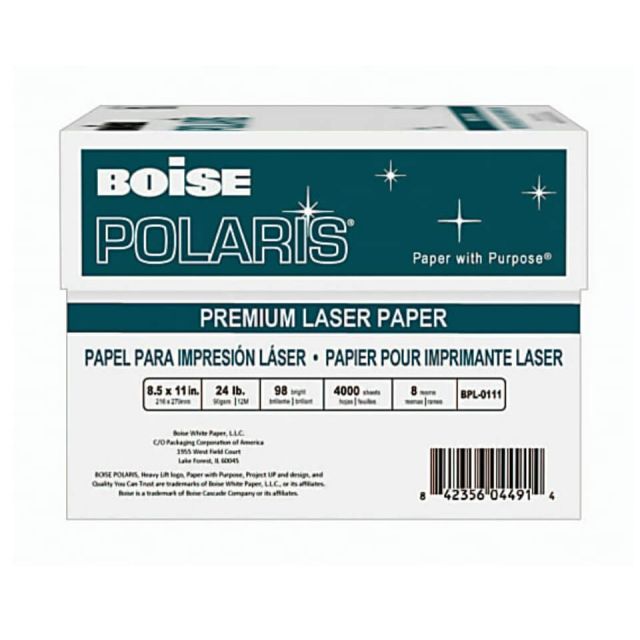 Box - Front - Boise POLARIS Premium Laser Paper, Letter Size (8 1/2in x 11in), 98 (U.S.) Brightness, 24 Lb, FSC Certified, White, 500 Sheets Per Ream, Case Of 8 Reams
