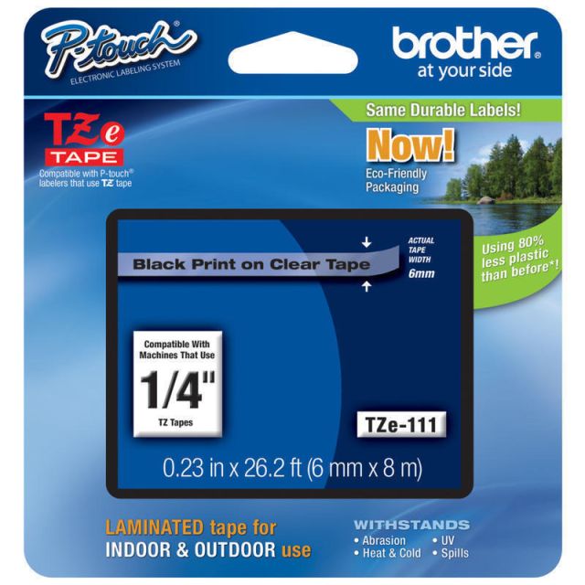 Brother TZe-111 Black-On-Clear Tape, 0.25in x 26.2ft (Min Order Qty 6) MPN:TZE111