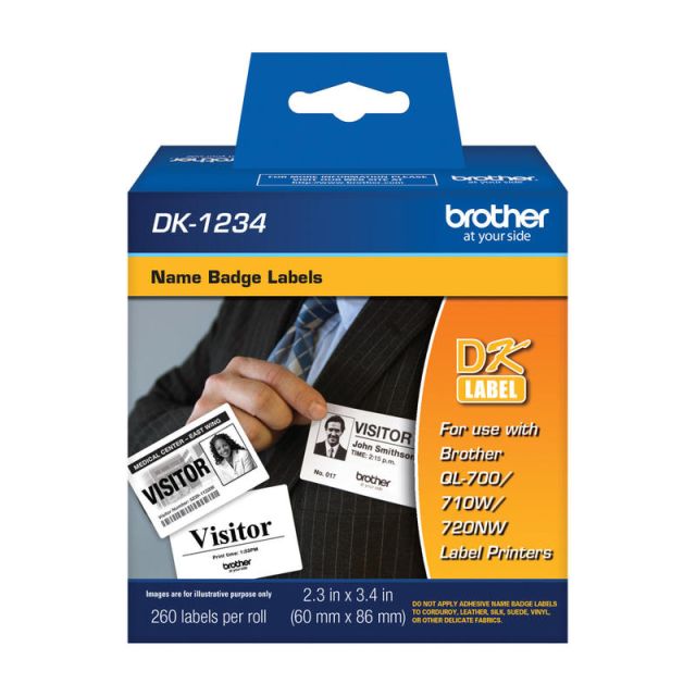 Brother DK1234 Name Badge Labels, Rectangular, 2 3/8in x 3 3/8in, White, Pack Of 260 (Min Order Qty 3) MPN:DK1234