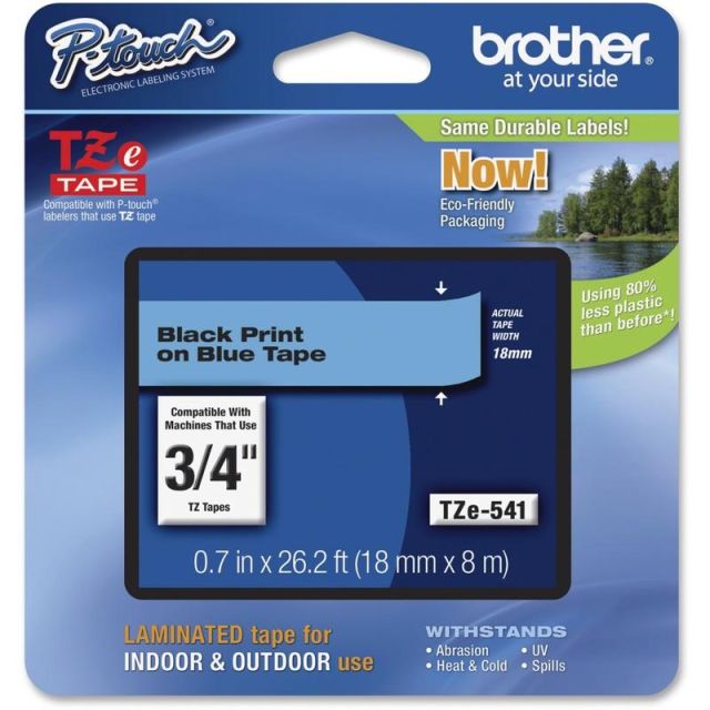Brother P-Touch TZe Flat Surface Laminated Tape - 45/64in - Permanent Adhesive - Thermal Transfer - Blue, Black - 1 Each - Grease Resistant, Fade Resistant, Heat Resistant, Cold Resistant, Spill Resistant, Durable (Min Order Qty 3) MPN:TZE541