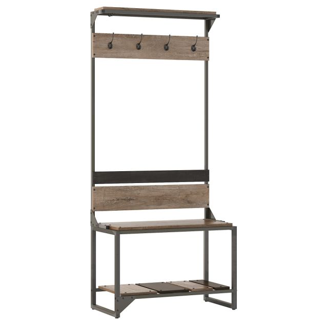 Bush Furniture Refinery Hall Tree With Shoe Storage Bench, Rustic Gray/Charred Wood, Standard Delivery MPN:RFY012RG