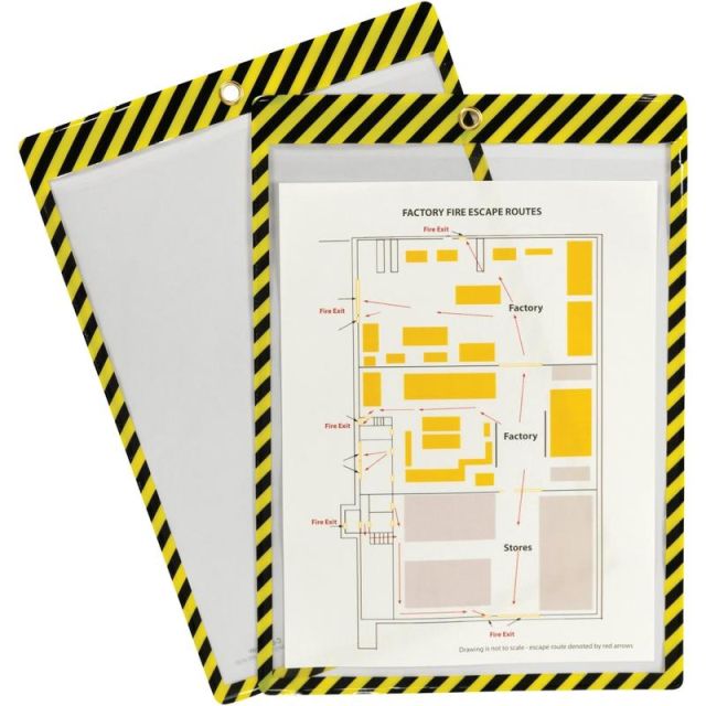 C-Line Safety Striped Shop Ticket Holders - 0.1in x 9.8in x 13.6in - Vinyl - 25 / Box - Yellow, Black (Min Order Qty 2) MPN:44101