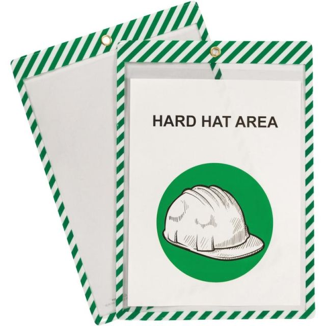 C-Line Safety Striped Shop Ticket Holders - 0.1in x 9.8in x 13.6in - Vinyl - 25 / Box - White, Green (Min Order Qty 2) MPN:44103