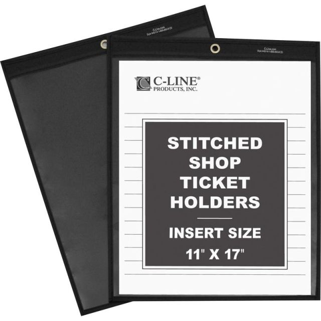 C-Line Stitched Shop Ticket Holders - Support 8.50in x 14in , 11in x 14in Media - Vinyl - 25 / Box - Black, Clear - Heavy Duty (Min Order Qty 2) MPN:45117