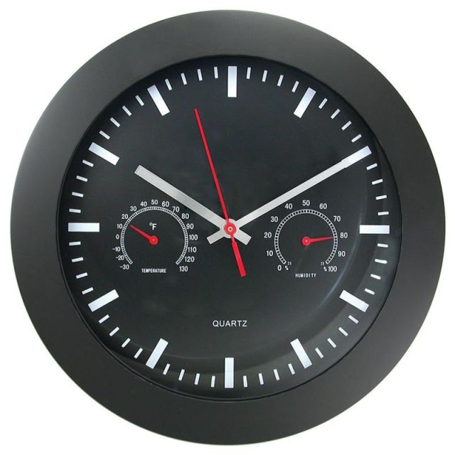 Timekeeper Round 12in Black Wall Clock With Temperature And Humidity Gauges (Min Order Qty 2) MPN:6990