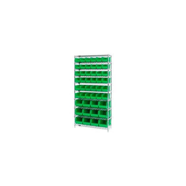 GoVets™ Chrome Wire Shelving With 48 Giant Plastic Stacking Bins Green 36x14x74 925GN268