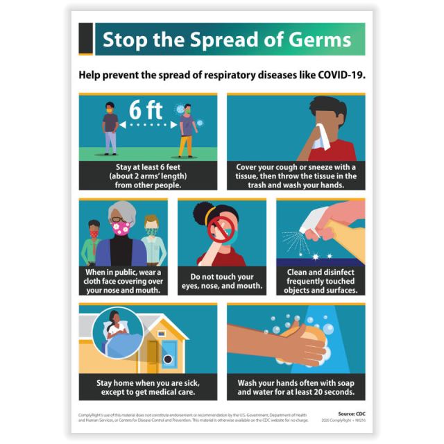 ComplyRight Coronavirus And Health Safety Poster, Stop The Spread Of Germs, English, 10in x 14in (Min Order Qty 3) MPN:N0224