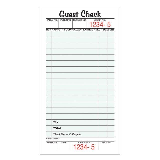 Adams Guest Check Books, 1-Part, 3 2/5in x 6 3/4in, 10 Pads Of 50 Sheets Each (500 Guest Checks Total) (Min Order Qty 9) MPN:525SW