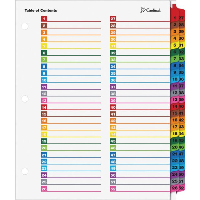 Cardinal OneStep Printable Dividers - 52 Print-on Tab(s) - 52 Tab(s)/Set - 8.5in Divider Width x 11in Divider Length - Letter - 3 Hole Punched - Multicolor Divider - Multicolor Tab(s) - 52 / Each (Min Order Qty 5) MPN:60990