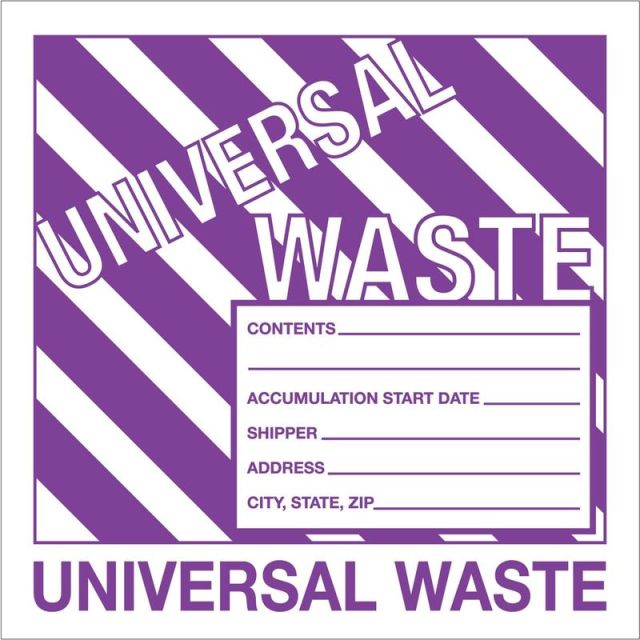 Tape Logic Preprinted Shipping Labels, DL1303, Universal Waste, Square, 6in x 6in, Purple/White, Roll Of 500 MPN:DL1303