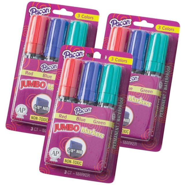 Pacon Jumbo Markers, 5/8in Nib, Assorted Colors, 3 Markers Per Pack, Set Of 3 Packs (Min Order Qty 2) MPN:PAC1660-3