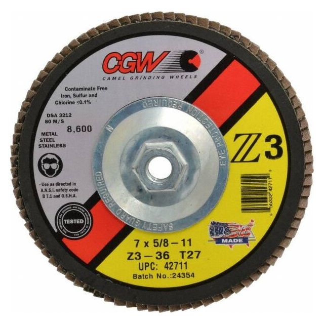 Flap Disc: 5/8-11 Hole, 36 Grit, Zirconia Alumina, Type 27 MPN:42711