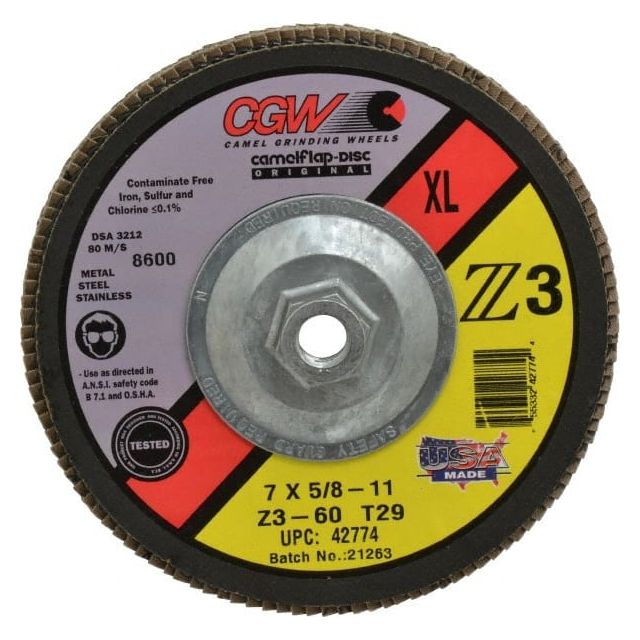 Flap Disc: 5/8-11 Hole, 60 Grit, Zirconia Alumina, Type 29 42774 Sanding Accessories