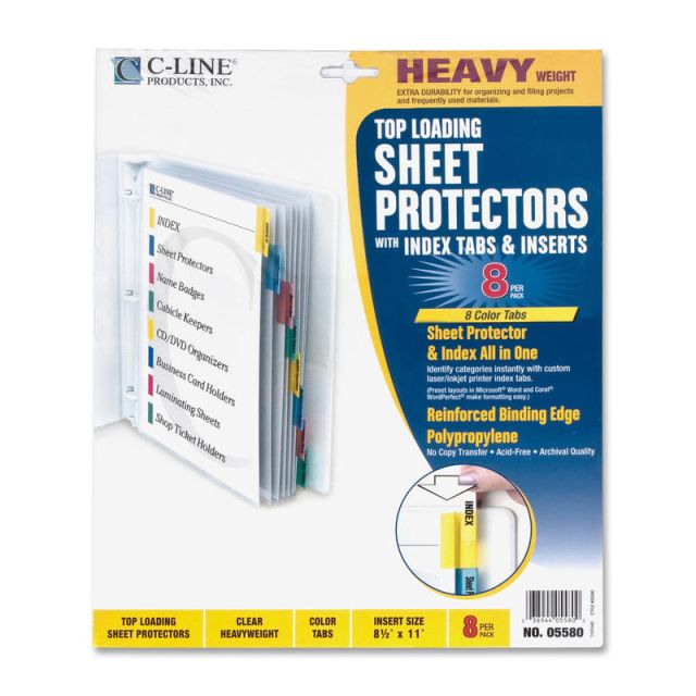 C-Line Top-Loading Sheet Protectors With Tab Inserts, 8 1/2in x 11in, 8-Tab, Assorted Colors (Min Order Qty 9) MPN:5580