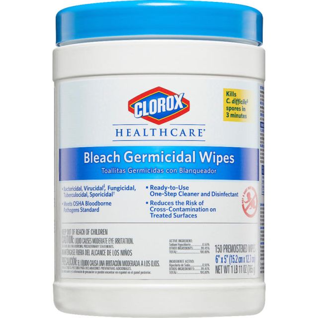 Clorox Healthcare Germicidal Wipes With Bleach, Unscented, 6in x 5in, Pack Of 150 Wipes CLO30577