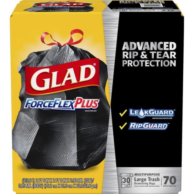 Glad Large Drawstring Trash Bags - ForceFlexPlus - 30 gal Capacity - 1.05 mil (27 Micron) Thickness - Black - 4900/Bundle - 70 Per Box - Kitchen, Outdoor, Commercial, Office MPN:70358BD