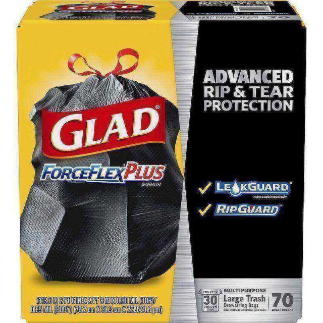 Glad Large Drawstring Trash Bags - ForceFlexPlus - 30 gal Capacity - 1.05 mil (27 Micron) Thickness - Black - 9800/Pallet - 70 Per Box - Kitchen, Outdoor, Commercial, Office MPN:70358PL