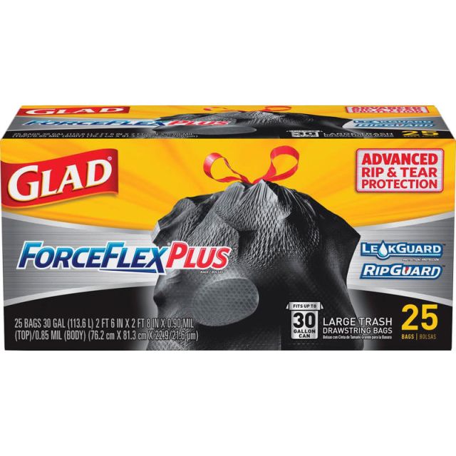 Glad ForceFlexPlus Large Drawstring Trash Bags - Large Size - 30 gal Capacity - Drawstring Closure - Black - 156/Bundle - 25 Per Box - Home, Office, Can MPN:70359BD