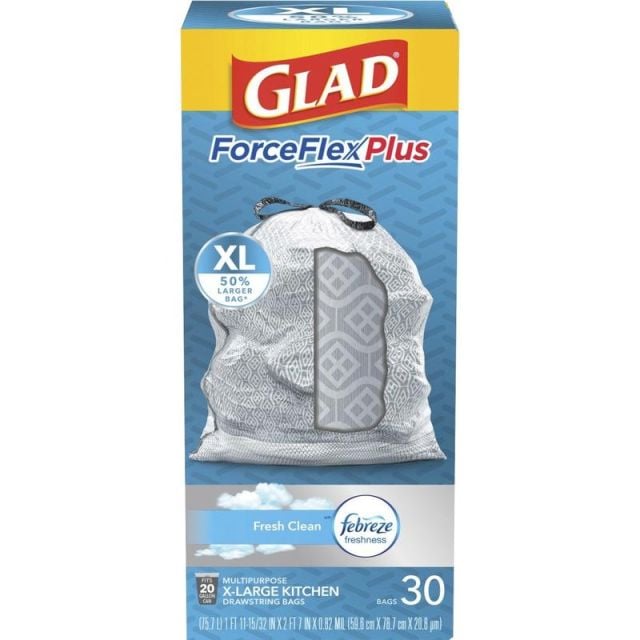 Glad ForceFlexPlus X-Large Kitchen Drawstring Bags - Fresh Clean with Febreze Freshness - Large Size - 20 gal Capacity - 24.02in Width x 32.01in Length - Drawstring Closure - Gray - 6/Carton - 30 Per Box - Home, Garbage, Office, Kitchen MPN:78913CT