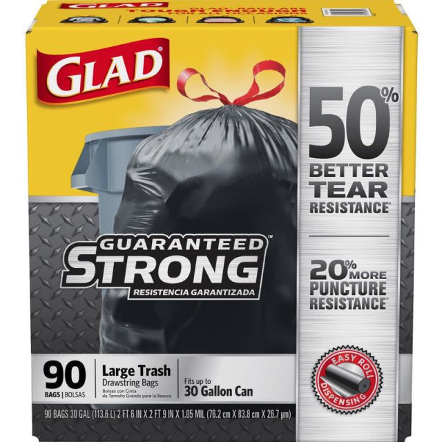 Glad Large Drawstring Trash Bags - Large Size - 30 gal Capacity - 30in Width x 32.99in Length - 1.05 mil (27 Micron) Thickness - Black - Plastic - 68/Pallet - 90 Per Box - Garbage, Indoor, Outdoor MPN:78952PL
