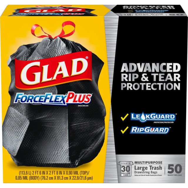 Glad ForceFlexPlus Drawstring Large Trash Bags - Large Size - 30 gal - 0.90 mil (23 Micron) Thickness - Black - 50/Box - Home, Garbage, Office, Commercial, Restaurant (Min Order Qty 3) MPN:78997