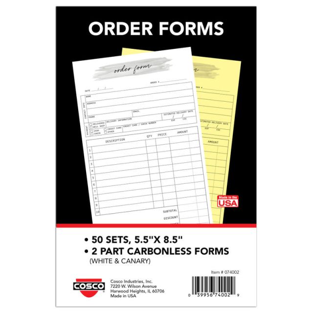 COSCO Order Form Book, 2-Part Carbonless, 8-1/2in x 5-1/2in, Watercolor, Book Of 50 Sets (Min Order Qty 4) MPN:074002