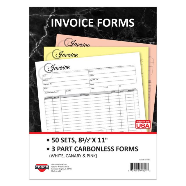 COSCO Invoice Form Book With Slip, 3-Part Carbonless, 8-1/2in x 11in, Artistic, Book Of 50 Sets (Min Order Qty 2) MPN:074004