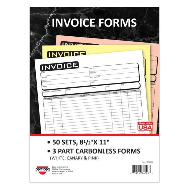 COSCO Invoice Form Book With Slip, 3-Part Carbonless, 8-1/2in x 11in, Business, Book Of 50 Sets (Min Order Qty 2) MPN:074006