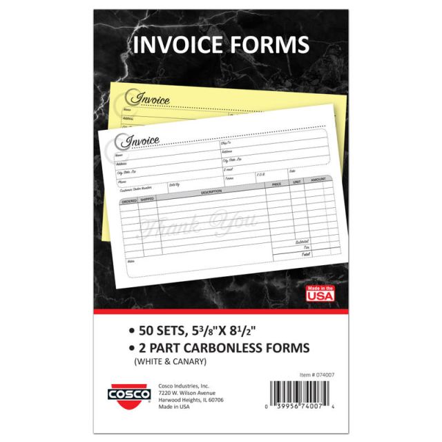 COSCO Service Invoice Form Book With Slip, 2-Part Carbonless, 5-3/8in x 8-1/2in, Artistic, Book Of 50 Sets (Min Order Qty 3) MPN:074007