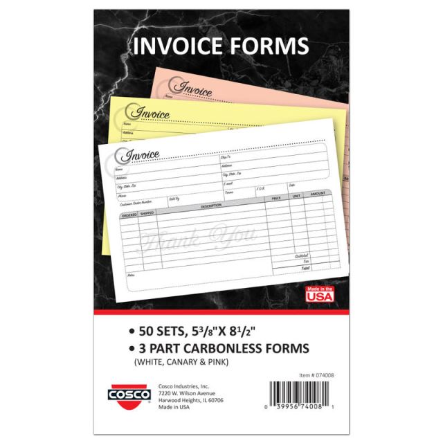 COSCO Service Invoice Form Book With Slip, 3-Part Carbonless, 5-3/8in x 8-1/2in, Artistic, Book Of 50 Sets (Min Order Qty 4) MPN:074008