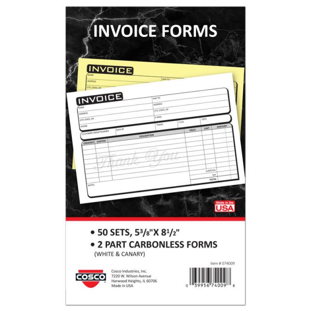 COSCO Service Invoice Form Book With Slip, 2-Part Carbonless, 5-3/8in x 8-1/2in, Business, Book Of 50 Sets (Min Order Qty 4) MPN:074009