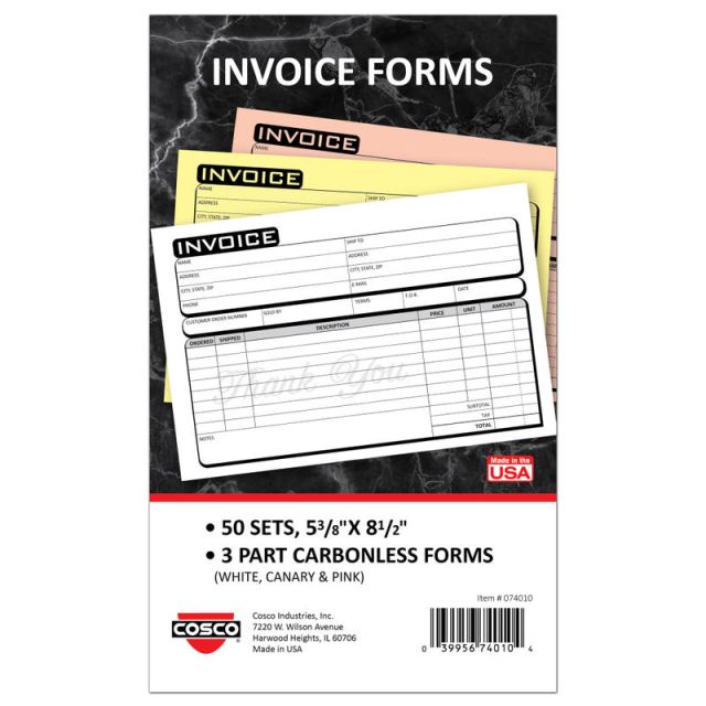 COSCO Service Invoice Form Book With Slip, 3-Part Carbonless, 5-3/8in x 8-1/2in, Business, Book Of 50 Sets (Min Order Qty 3) MPN:074010