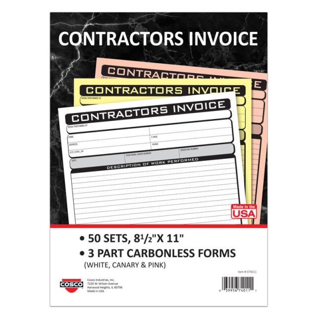 COSCO Contractor Invoice Business Form Book With Slip, 3-Part Carbonless, 8-1/2in x 11in, Book Of 50 Sets (Min Order Qty 2) MPN:074011