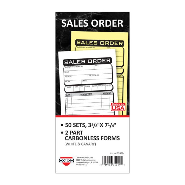 COSCO Sales Order Form Book With Slip, 2-Part Carbonless, 3-3/8in x 7-1/4in, Business, Book Of 50 Sets (Min Order Qty 4) MPN:074014