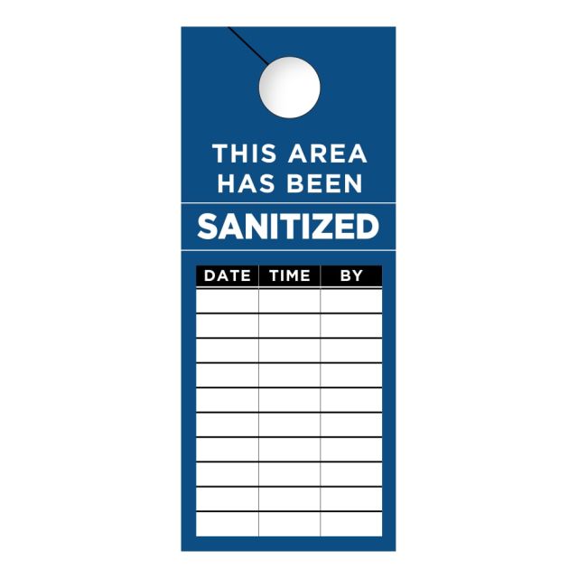 COSCO This Area Has Been Sanitized Door Hanger Signs, 3-1/2in x 8-1/2in, Blue/Black/White, Pack Of 50 Signs (Min Order Qty 4) MPN:098467PK50