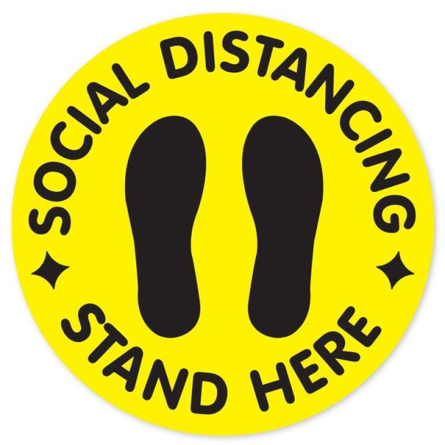 COSCO Social Distancing Stand Here Circular Floor Decals, 12in, Yellow, Pack Of 2 Decals (Min Order Qty 2) MPN:098492PK2