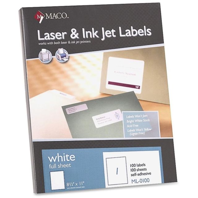 MACO White Laser/Ink Jet Full Sheet Labels, MML-0100, 8 1/2inW x 11inL, Rectangle, White, Box Of 100 (Min Order Qty 2) ML0100