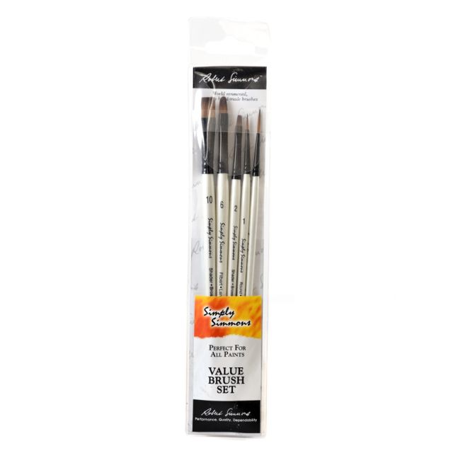 Robert Simmons Simply Simmons Value Paint Brush Set, Everything Set, Assorted Sizes, Assorted Bristles, Synthetic, White, Set Of 5 (Min Order Qty 4) MPN:255500001