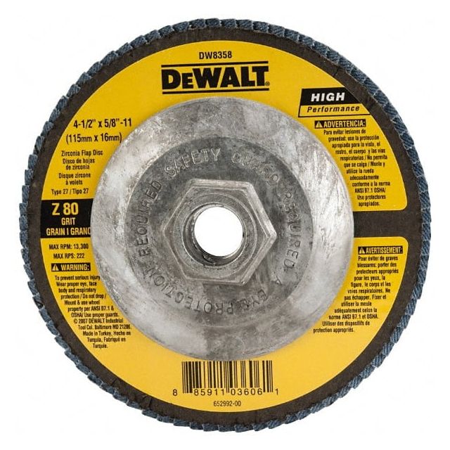 Flap Disc: 5/8-11 Hole, 80 Grit, Zirconia Alumina, Type 27 MPN:DW8358
