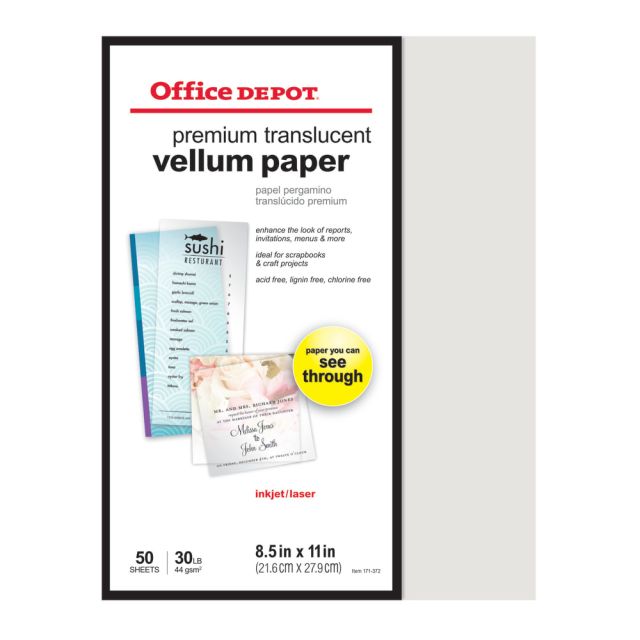 Office Depot Brand Premium Translucent Vellum Paper, 8 1/2in x 11in, 30 LB., Pack of 50 Sheets (Min Order Qty 3) MPN:59-857