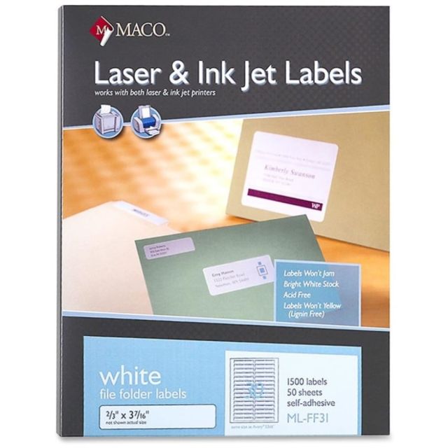 Maco Assorted Laser/Inkjet File Folder Labels - 43/64in x 3 7/16in Length - Permanent Adhesive - Inkjet, Inkjet - White - 30 / Sheet - 1500 / Box (Min Order Qty 2) MPN:MLFF31