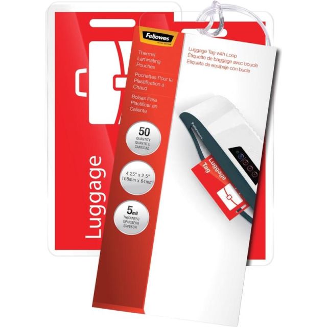 Fellowes Luggage Tag With Loop Pouches, Glossy, 2.50in x 4.25in, 5 mil Thick, Clear, Pack Of 50 (Min Order Qty 2) 52034