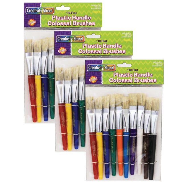 Creativity Street Beginner Paint Brushes, 7-1/2in, Flat Stubby Brushes, Hog Bristles, Assorted Colors, 10 Brushes Per Pack, Case Of 3 Packs (Min Order Qty 2) MPN:CK-5184-3