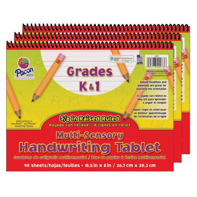 Pacon Multi-Sensory Raised Ruled Tablets, 10-1/2in x 8in, Multicolor, 40 Sheets, Pack Of 3 Tablets (Min Order Qty 2) MPN:PAC2473-3
