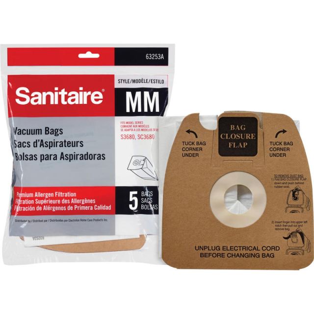 Sanitaire Style MM Allergen Vacuum Bags f/S3680 - 5 / Pack - Style MM - Micro Allergen - White (Min Order Qty 6) MPN:63253A10