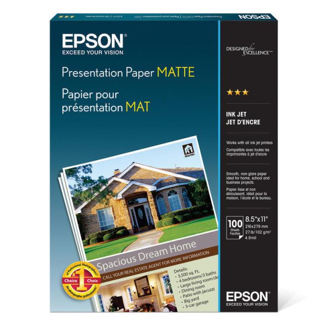 Epson Presentation Paper, Letter Size (8 1/2in x 11in), Pack Of 100 Sheets, 27 Lb, Matte White (Min Order Qty 3) MPN:S041062