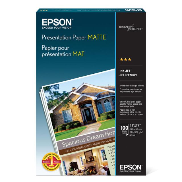 Epson Presentation Paper, Ledger Size (11in x 17in), Pack Of 100 Sheets, 27 Lb, Matte White (Min Order Qty 2) MPN:S041070