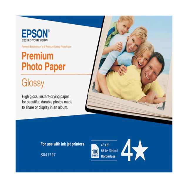 Epson Premium Glossy Photo Paper, 4in x 6in, Pack Of 100 Sheets (S041727) (Min Order Qty 4) MPN:S041727