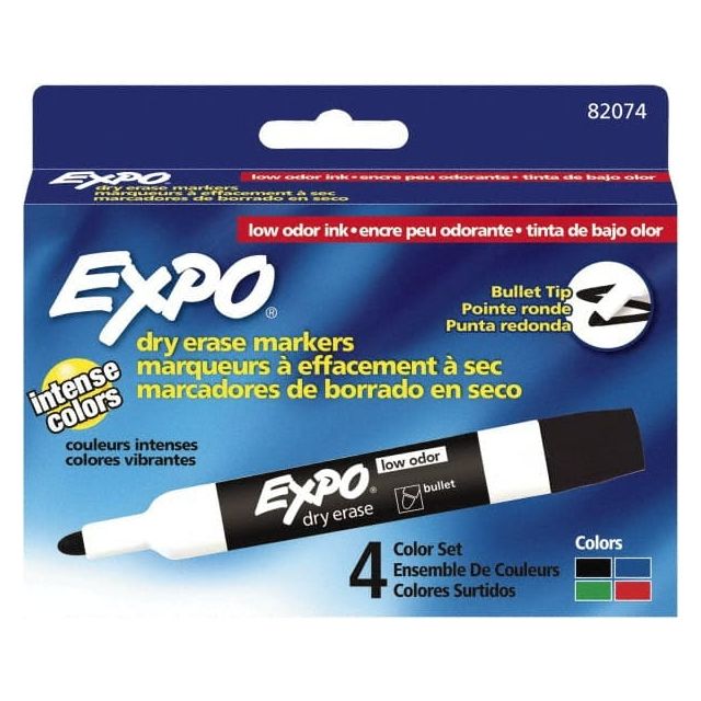 Pack of 4 Low Odor Bullet Tip Dry Erase Markers, Black, Blue, Green & Red MPN:82074