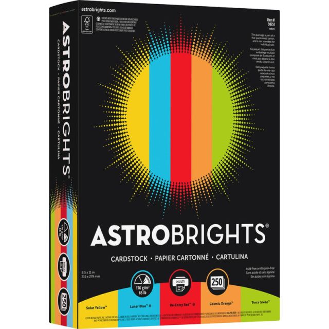 Astrobrights Inkjet, Laser Printable Multipurpose Card Stock - Assorted - 8 1/2in x 11in - 65 lb Basis Weight - Smooth - 5 / Carton MPN:98751